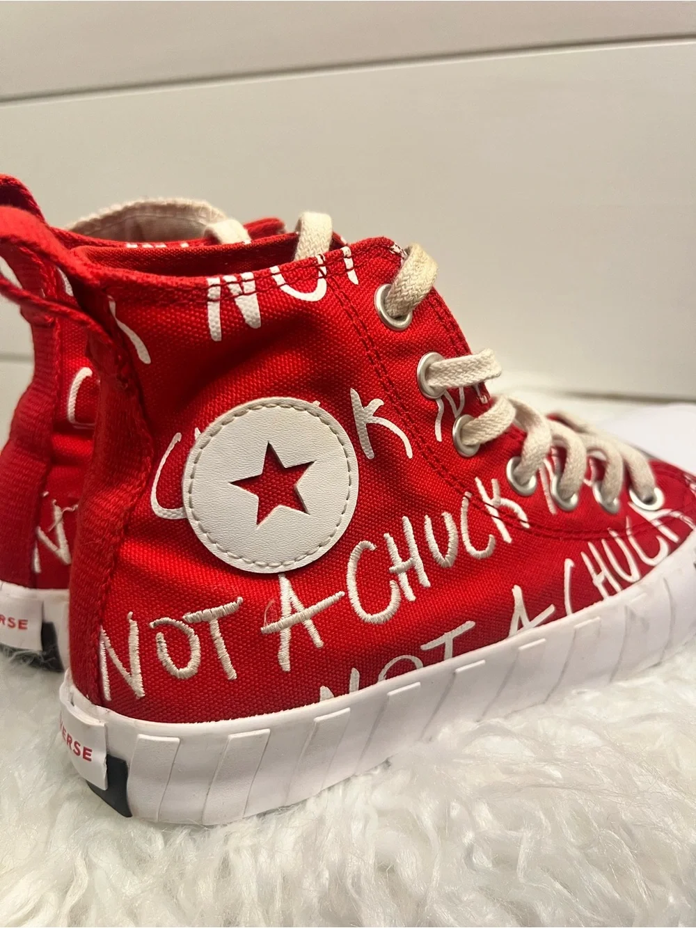 Converse Kids Red and White High-Top Sneakers with Graphic Script Not A Chuck